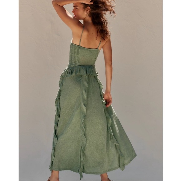 FREE PEOPLE Myra Maxi Dress Green ruffled spaghetti strap details XS NWT - Picture 3 of 16
